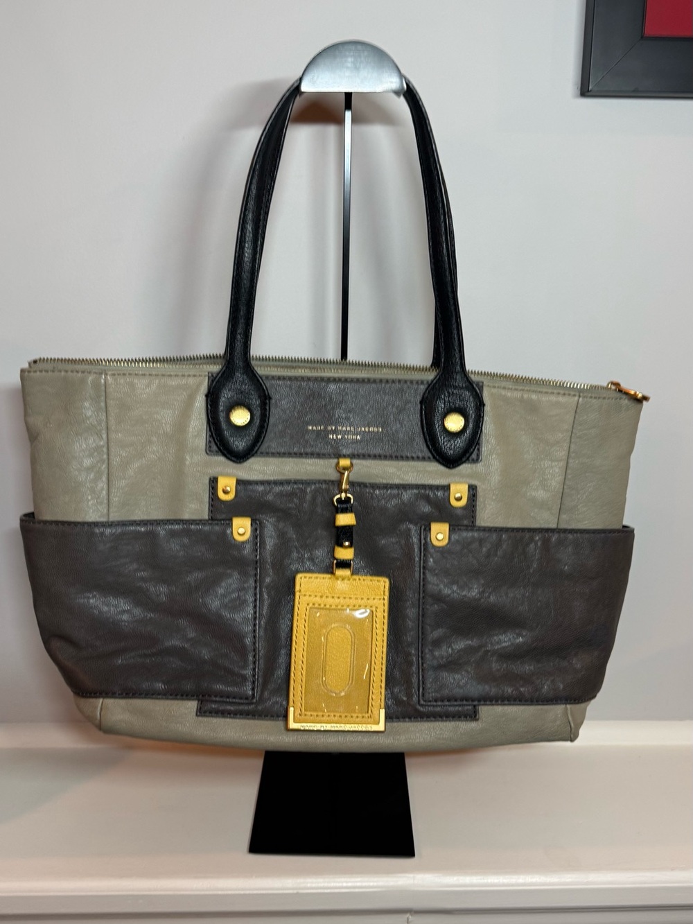 Marc Jacobs Two-Tone Leather Tote in Gray, Black & Yellow